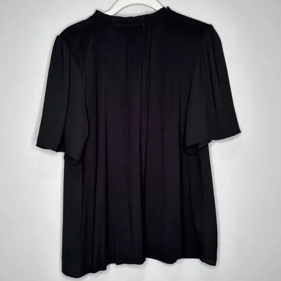 Ann Taylor LOFT Ruffle Tie Neck Mixed Media Top, Black, Size Small - Picture 3 of 8
